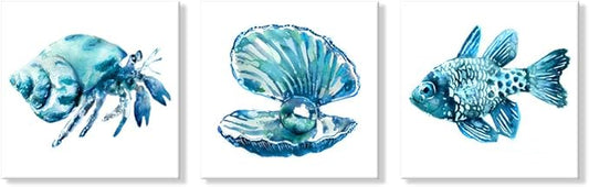 JAPO ART -Ocean Art Prints Tropical Wall Art Wall Blue Fish Blue Shells Hermit Crabs for Bathroom Kitchen Decoration 12x12Inchx3 pcs