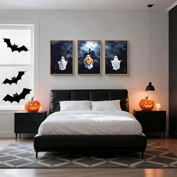 Large Spooky Halloween Framed Canvas Wall Art,Funny Ghost and Pumpkin Wall Decor,Eerie Night Castle Scene Artwork,Dark Bat and Full Moon Art Print for Living Room,Bedroom,Office- 24"x36"x3