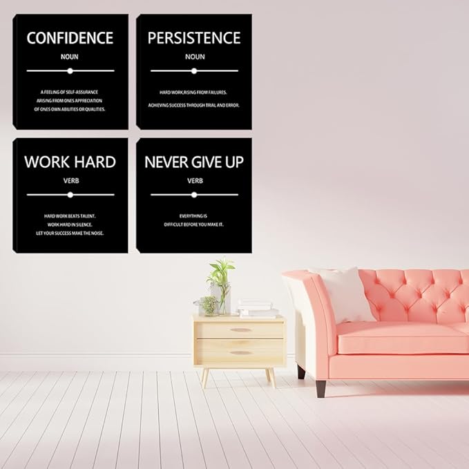 Motivational Wall Art Office Wall Decor 4 Pieces Inspirational Quotes Canvas Wall Art Poster Prints Framed Decoration Artwork for Office Living Room Bedroom Decor 12"x12"x4