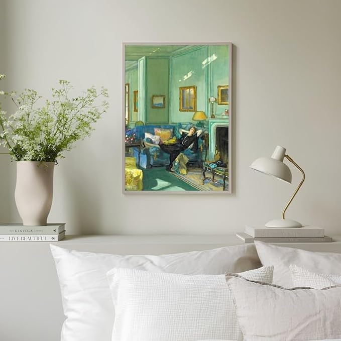 Nationcog Vintage Woman Relaxing in Living Room Wall Art, Elegant Interior Scene Painting Print, Cozy Green Room Aesthetic Poster, Classic Home Decor for Living Room or Study (Unframed) (12x18)