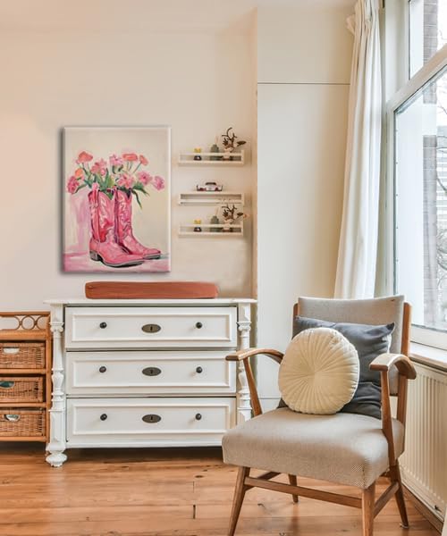 Julaydi Floral Cowgirl Boots Wall Art Pink Cowboy Boots with Flower Painting Western Aesthetic Canvas Prints Poster Trendy Preppy Girls Room Decor Picture for Living Room Bedroom Dorm 16x24in Framed