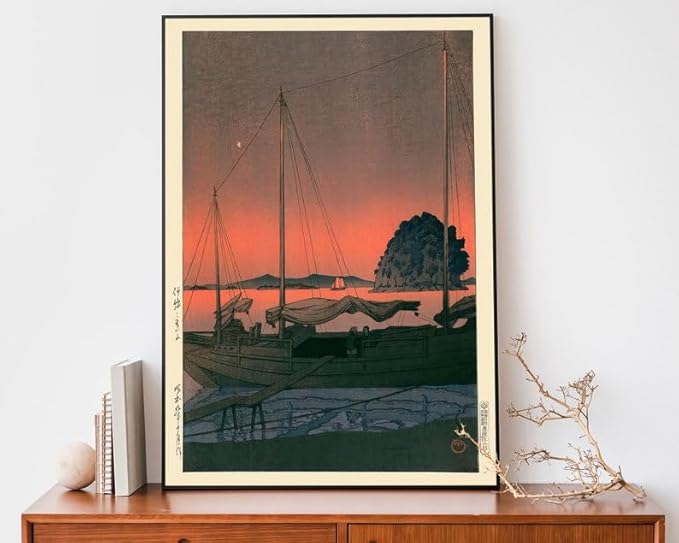 Nationcog Harbour Sunset Japanese Poster, Kawase Hasui Woodblock Print, Japandi Ocean Wall Art, Zen Vintage Decor for Calming Living Spaces (Unframed) (12x18)