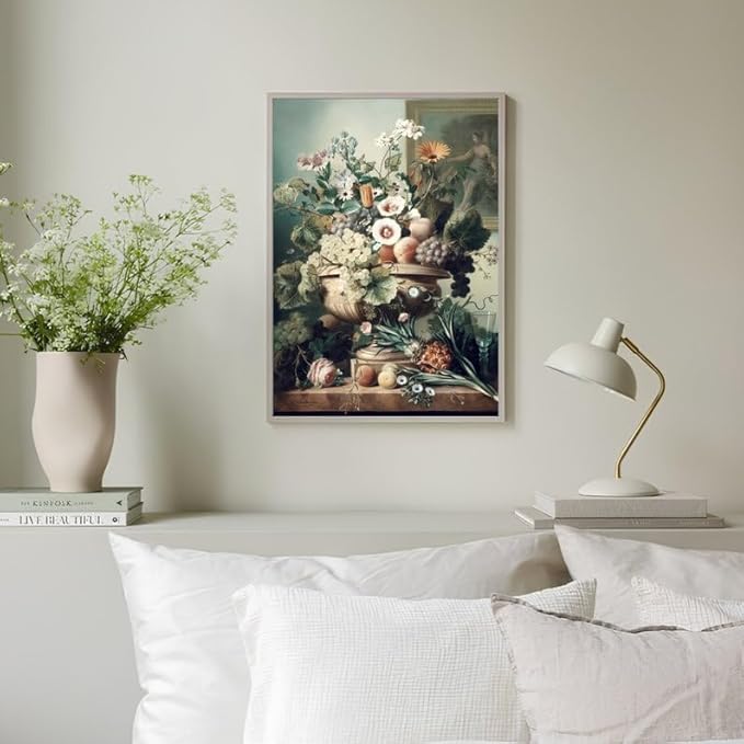 Nationcog Vintage Floral Still Life Wall Art Print - Classical Fruit and Flower Painting in Vase - Elegant Botanical Artwork for Kitchen, Dining Room, Hallway or Gallery Decor (Unframed) (24x36)