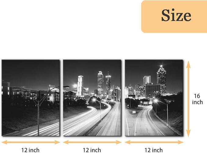 Pacimo Atlanta Night View Canvas Wall Art, Set of 3 Framed Painting Prints, Jackson Street City Skyline Pictures Modern Wall Decor for Living Room Bedroom Office Ready to Hang - 12"x16"x3 Panels
