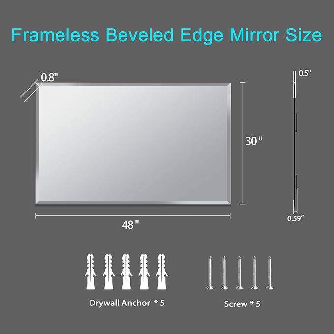 Beveled Mirror, 48"x30" Inch Beveled Frameless Mirror for Bathroom, Rectangular Beveled Edge Bathroom Vanity Mirror, Upgraded Shatterproof Wall Mirror, Hangs Horizontally or Vertically.