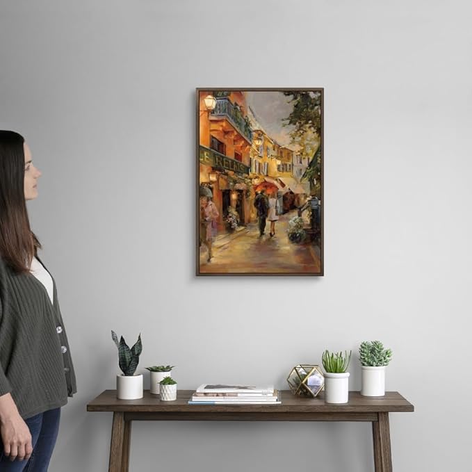 CANVAS ON DEMAND Evening in Paris Walnut Float Framed Canvas Wall Art Print by Marilyn Hageman, Traditional, Home Decor, Street Scene Artwork, Nature Artwork, 16" x24in
