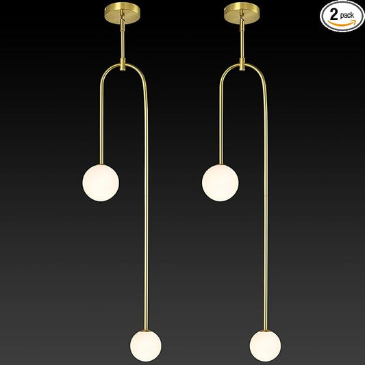 Modern Milk Glass Pendant Light 2 Light Mid Century Chandelier Small Glass Globe Gold Pendant Lights for Kitchen Island Bedroom Dining (Metal Tube Removable, 2 Pack)