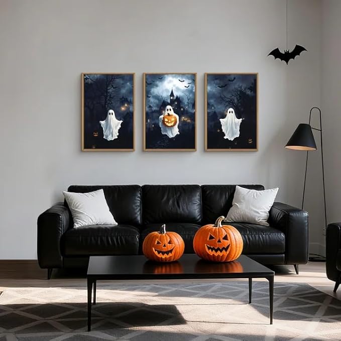 Large Spooky Halloween Framed Canvas Wall Art,Funny Ghost and Pumpkin Wall Decor,Eerie Night Castle Scene Artwork,Dark Bat and Full Moon Art Print for Living Room,Bedroom,Office- 16"x24"x3