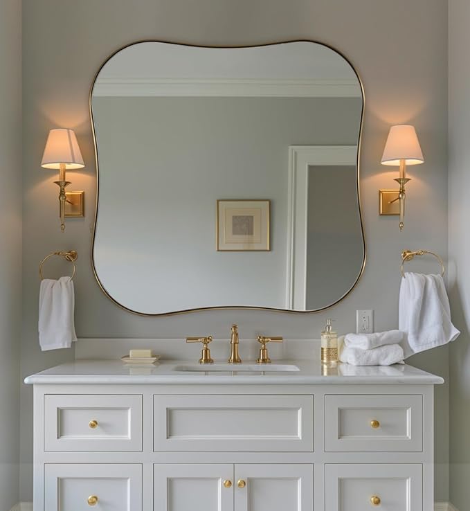 ANDY STAR Brushed Gold Square Bathroom Mirror, 30x30 Inch Contempoary Scalloped Brass Mirrors for Wall in 1 Inch Unique Concave Wavy Stainless Steel Metal Design Ideal for Home Decor Wall Mounted