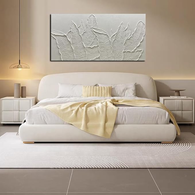 Modern Tropical Palm Leaf Wall Art, 3D Textured Relief Panel, White