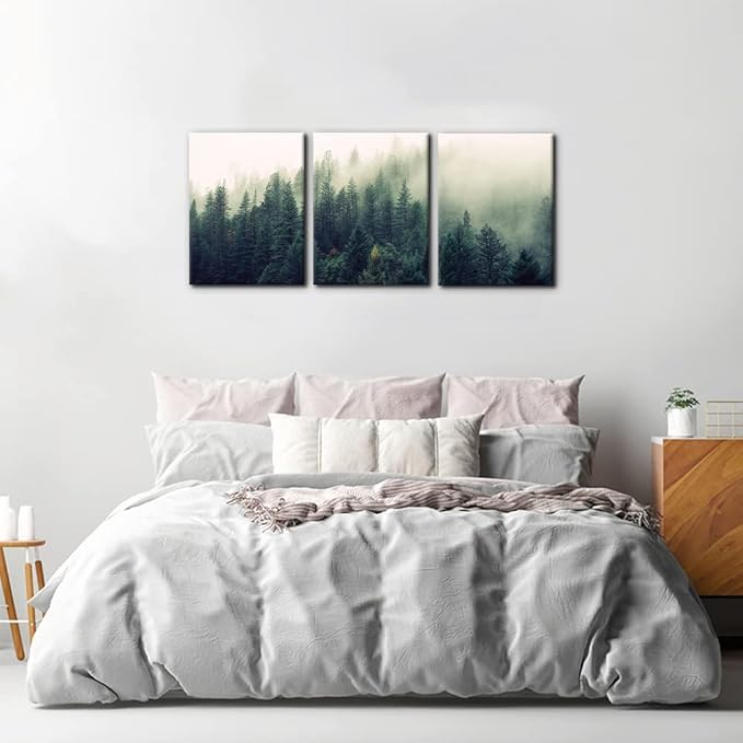 Pacimo Canvas Print Wall Art Set Aerial View of Pine Trees in Mist Nature Wilderness Photography Realism Rustic Scenic Modern Artwork Decor Stretch and Framed Ready to Hang - 12"x16"x3 Panels