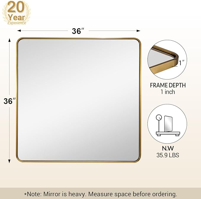 ANDY STAR 36x36 Inch Gold Bathroom Mirror, Brushed Gold Square Mirrors for Wall in Anti-Rust SUS304 Tube Metal Frame, Rounded Mirrors 1’’ Deep Wall Mounted Vertically/Horizontal