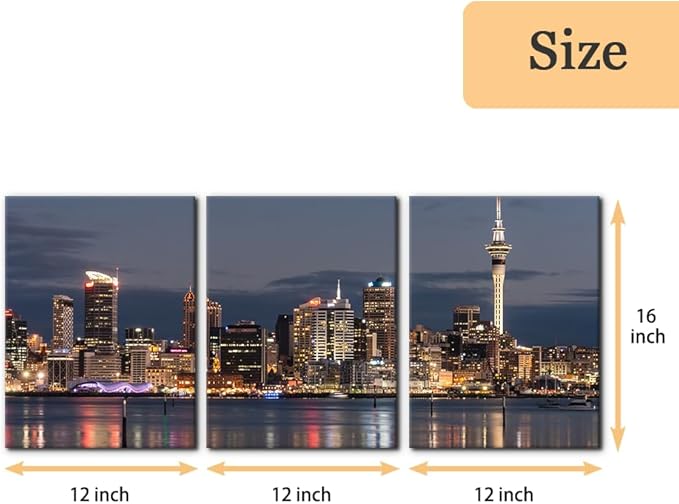 Pacimo Auckland Cityscape Wall Art - Framed Canvas Painting Prints with City Night Skyline Design - Perfect for Modern Artwork Home Decor Wall Decor for Living Room Bedroom Office - 12"x16"x3 Panels