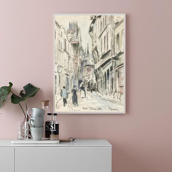 Nationcog Vintage European Street Scene Wall Art Print, Black and White French Architecture Poster, Paris Cityscape Drawing, Historical Urban Decor for Living Room or Office (Unframed) (16x24)