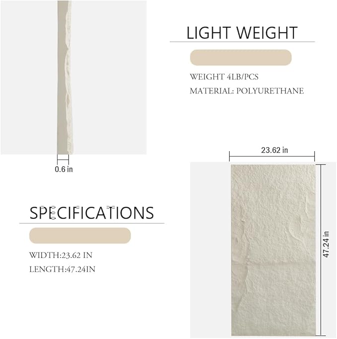 4-Pack 3D PU Stone Wall Panels for Interior Decor Faux Stone Accent Tiles, White, 47.24"x23.62"x(0.6"-1.18") Waterproof & Lightweight 3D Wall Design
