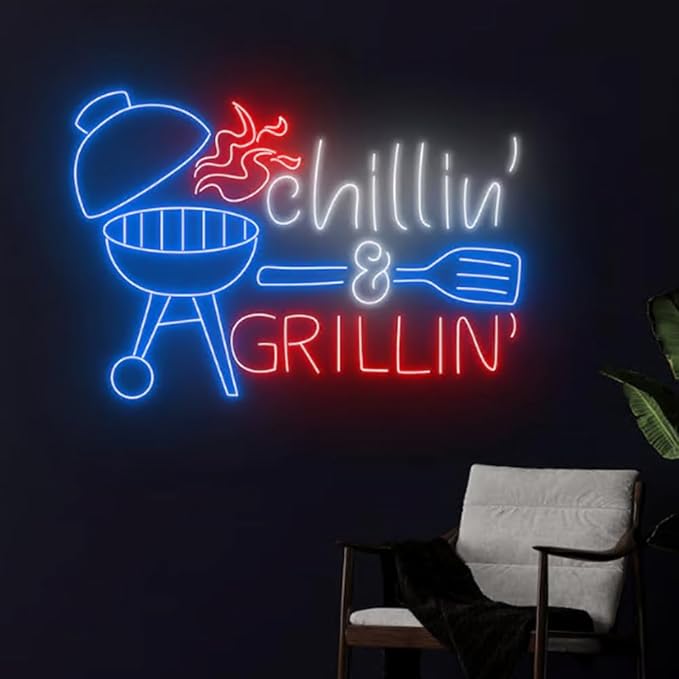 Chilling And Grilling Neon Light, BBQ Neon Sign, Barbecue Led Light, Grill Led Sign, Fire Meat Room Wall Decor, Restaurant Neon Light Size:23inch