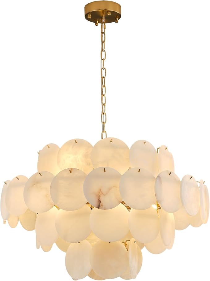 Natural Alabaster Round Chandelier, 31.5" Modern Marble Chandelier with 50 Stone Texture Panels, 12-Light Dimmable Spanish Alabaster Chandeliers for Living Room, Dining Room, Hallway