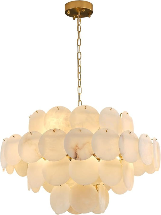 Natural Alabaster Round Chandelier, 31.5" Modern Marble Chandelier with 50 Stone Texture Panels, 12-Light Dimmable Spanish Alabaster Chandeliers for Living Room, Dining Room, Hallway