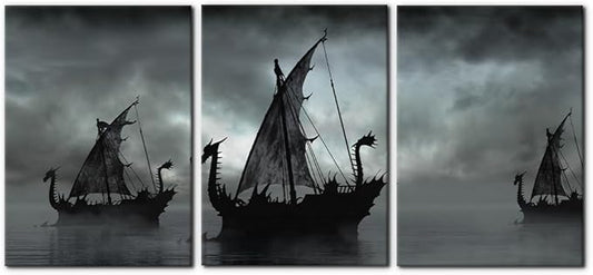 Pacimo Black and White Painting Wall Decor Vikings Ship Artwork Fantasy Sailing Boat Pictures for Living Room 3 Panel Dragon Modern Canvas Wall Art Framed Posters Prints Ready to Hang - 20"x28"x3