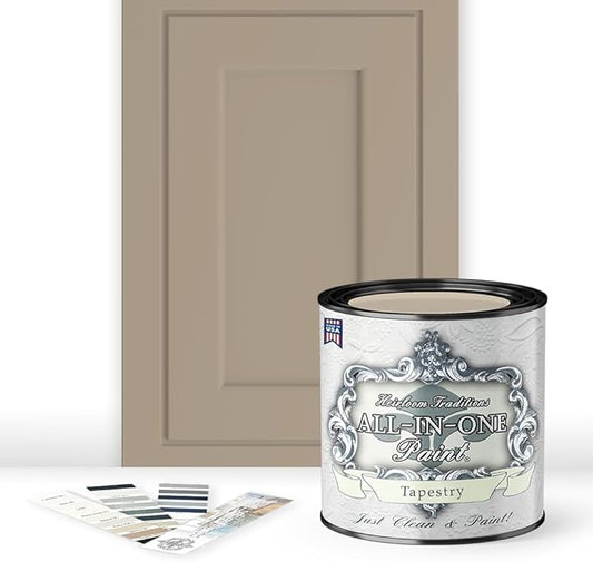 ALL-IN-ONE Paint, Durable cabinet and furniture paint. Built in primer and top coat, no sanding needed. Includes our 30 featured color card - Tapestry (khaki brown), Quart