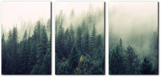 Pacimo Canvas Print Wall Art Set Aerial View of Pine Trees in Mist Nature Wilderness Photography Realism Rustic Scenic Modern Artwork Decor Stretch and Framed Ready to Hang - 16"x24"x3 Panels