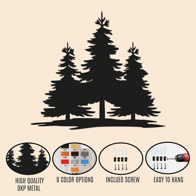 Metal Pine Tree Wall Art Decor, Pine Tree Family Nature Home Decor, Forest Decorations, Farmhouse Cabin Wall Hanging, Wall Art for Home, Living Room, Bedroom, Office, Outdoor, Nature Lovers Gift