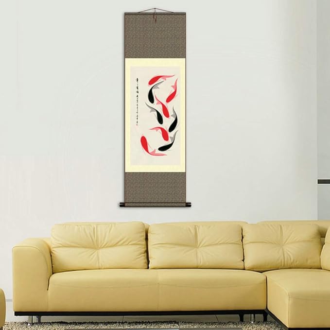 AtfArt Asian Wall Decor Beautiful Silk Scroll Painting Year Have Fish - Red Black Carp Oriental Decor Chinese Art Wall Scroll Wall Hanging Painting Scroll (39 x 12 in)