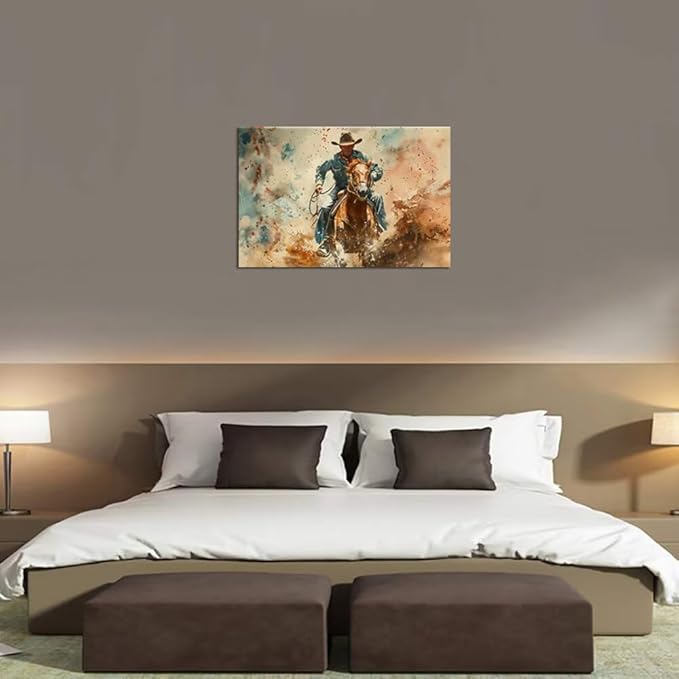 Cowboy Wall Art Pictures Vintage Horse Poster Canvas Prints Western Cowboy Artwork Wall Decor for Living Room Bedroom Office Home Decorations Framed Ready to Hang (24''H x 36''W)