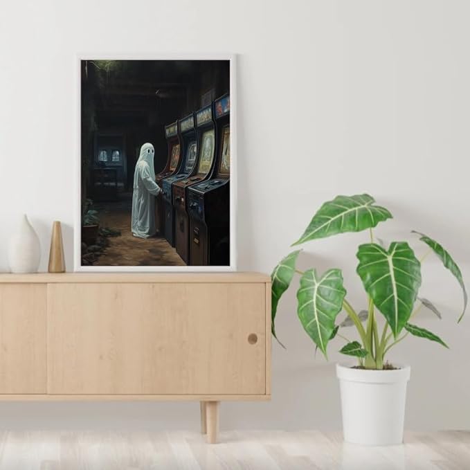 Nationcog Ghost Playing Arcade Wall Art Print – Retro Gaming Ghost Poster for Gamer Room, Halloween Decor, Spooky Aesthetic Art for Bedroom or Gaming Setup (Unframed) (9x11)