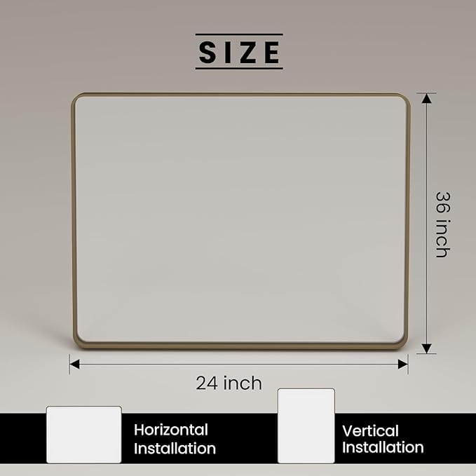 Bronze Bathroom Mirror 24x36 Inch, Brushed Bronze Metal Frame Mirror for Wall, Rounded Rectangle Bathroom Vanity Mirror with Tempered Glass, Anti-Rust, Horizontal/Vertical