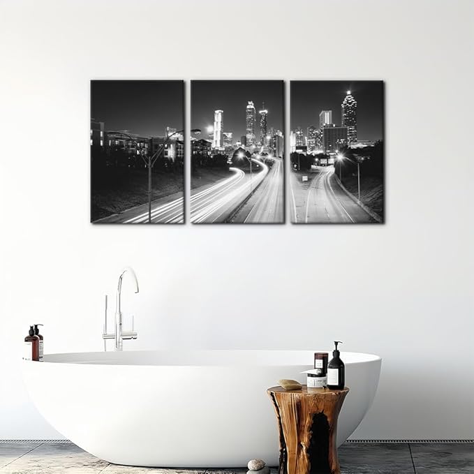 Pacimo Atlanta Night View Canvas Wall Art, Set of 3 Framed Painting Prints, Jackson Street City Skyline Pictures Modern Wall Decor for Living Room Bedroom Office Ready to Hang - 16"x24"x3 Panels