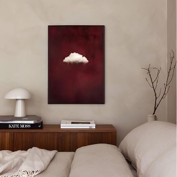 Nationcog Minimalist Cloud Wall Art Print on Burgundy Background, Modern Surreal Cloud Poster, Abstract Sky Artwork, Contemporary Red Aesthetic Decor for Bedroom or Living Room (Unframed) (11x14)