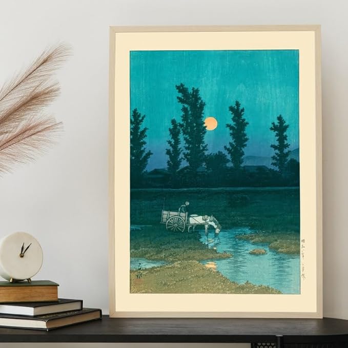 Night Sky and Full Moon Japanese Poster, Woodblock Art by Kawase Hasui, Japandi Wall Decor, Vintage Zen Boho Print for Relaxed Spaces (Unframed) (27x40)
