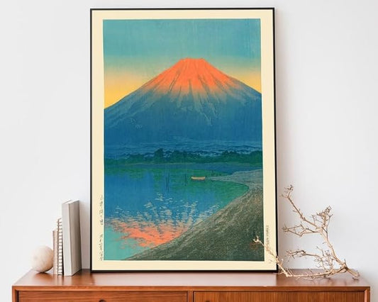 Nationcog Lake Yamanaka and Mount Fuji Woodblock Poster, Japanese Landscape by Kawase Hasui, Ocean Sunset Japandi Decor, Vintage Zen Art Print (Unframed) (16x24)
