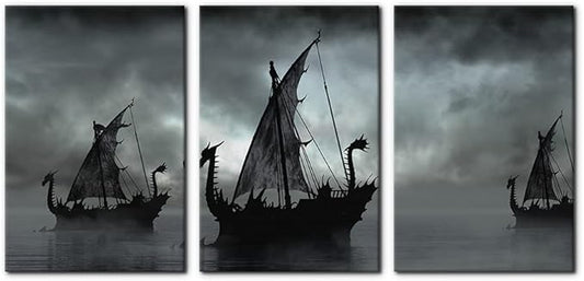 Pacimo Black and White Painting Wall Decor Vikings Ship Artwork Fantasy Sailing Boat Pictures for Living Room 3 Panel Dragon Modern Canvas Wall Art Framed Posters Prints Ready to Hang - 16" x 24" x 3