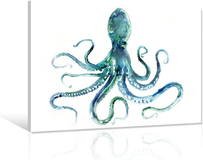 JAPO ART Blue Octopus Bathroom Decor Canvas Wall Art by Edward Selkirk Coastal wall decor Nautical Ocean Animal Watercolor Marine life Sea Pictures Framed Artwork Print on Canvas for Living Room