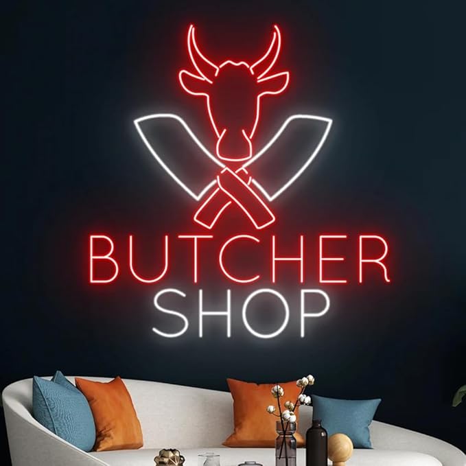 Butcher Shop Led Sign, Cow Led Light, Butcher Neon Light, Butcher Shop Neon Sign, Store Sign Wall Art, Kitchen Business Decor Size:18inches