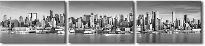 New York Wall Art Black and White City Panorama Cityscape Pictures Print On Canvas Urban Building Artwork Wall Art for Living Room Office Giclee Posters and Prints Framed Ready to Hang 16x72 Inch