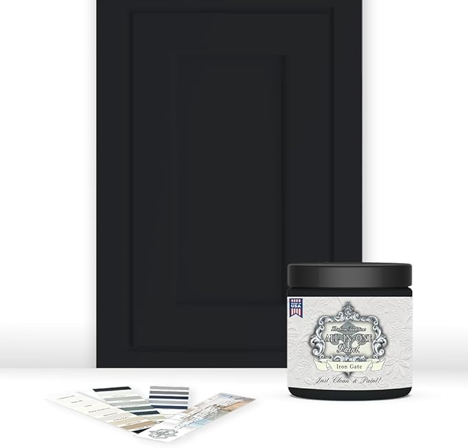 ALL-IN-ONE Paint, Durable cabinet and furniture paint. Built in primer and top coat, no sanding needed. Includes our 30 featured color card - Iron Gate (black), 8oz Sample