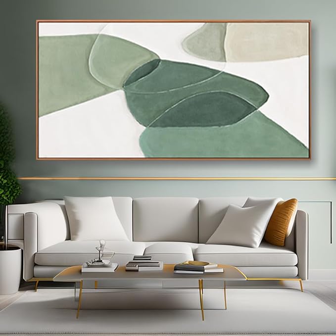 Modern Wall Art Large Geometric Green And White Geometric Color Block Line Art Painting Artwork Canvas Simple Picture Textured Artwork Framed For Living Room Bedroom Office Home Decor 29"X 58"