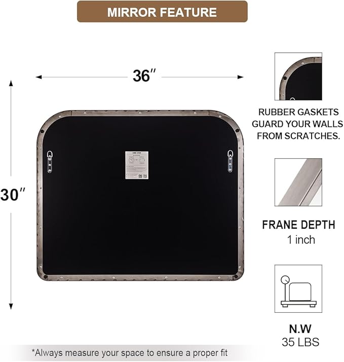 ANDY STAR Brushed Nickel Arched Mirror, 36x30’’ Modern Mantel Mirror Rounded Corner for Fireplace, Bathroom, Powder Room in 1 inch Anti-Rust SUS304 Tube Metal Frame Wall Mounted