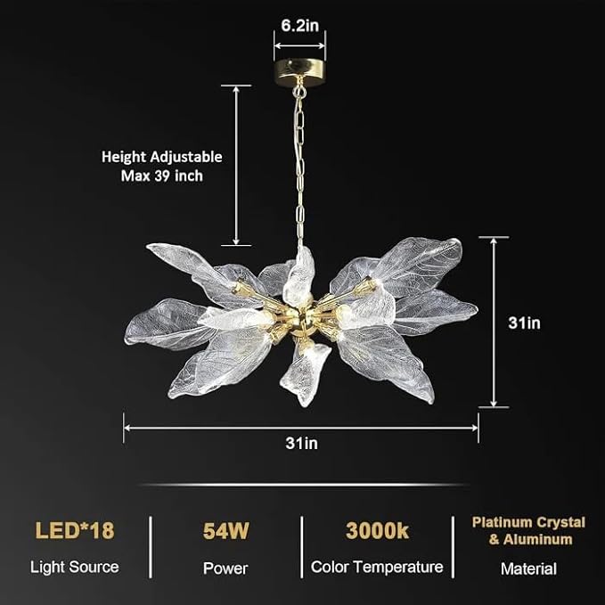 Modern Crystal Leaf Chandelier D31.5'' for Dining Room, Bedroom, Living Room, Foyer - LED Light Fixture Over Table, Gold-18 Lights, D800-Gold