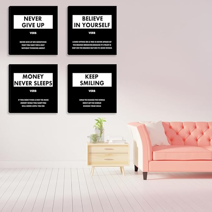 Motivational Framed Wall Art - Inspirational Office Quotes Wall Decor for Living Room Bedroom Black White Canvas Wall Art Wall Painting Picture Posters Artwork - 12"x12"x4PCS