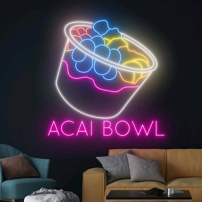 Acai Bowl Neon Sign, Acai Bowl LED Light, Acai Bowl Fruit Neon Light, Open Led Sign, Cafe Room Wall Decor, Club Neon Light, Drink Led Sign Size:18inches