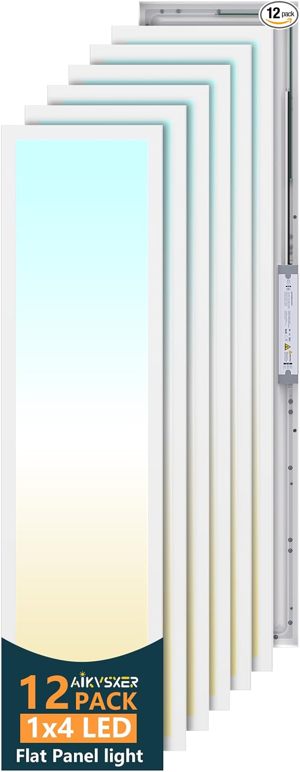 AIKVSXER 12 Pack 1x4 LED Flat Panel Light, 50W 5500LM Surface Mount Ceiling Fixture, 3CCT (3000K/4000K/5000K), Ultra-Thin 48In, 10-100% Triac Dimmable for Kitchen, Garage, Office, Basement