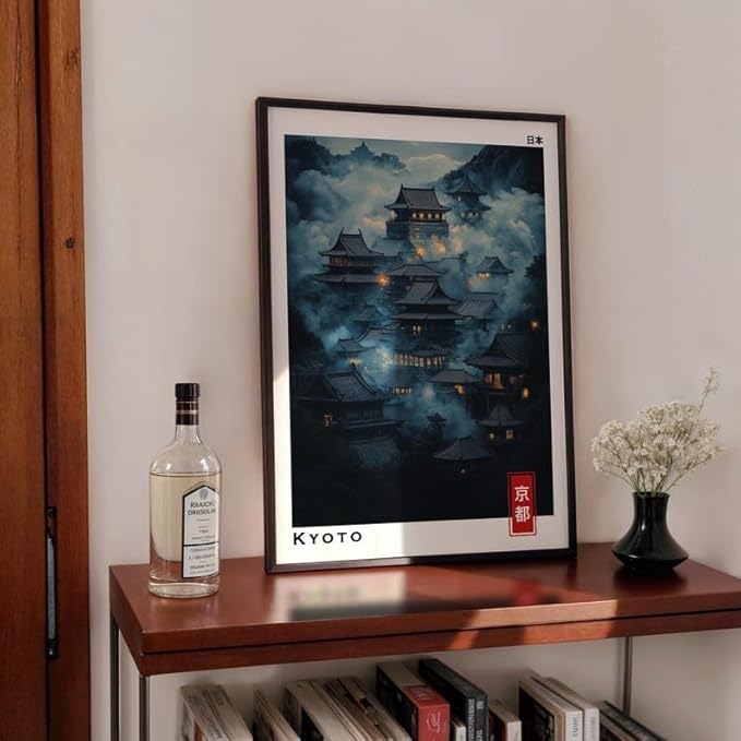 Kyoto Mystic Village Poster, Japanese Temple Wall Art Print with Night Landscape, Japandi Asian Artwork, Traditional Home Decor for Bedroom, Gallery or Living Room (Unframed) (20x30)