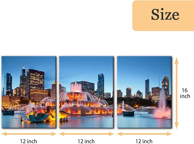 Pacimo Buckingham Fountain Canvas Wall Art Grant Park Skyline Painting Picture Wall Decor Chicago Cityscape Gallery Wrapped Posters Prints Modern Artwork for Living Room Bedroom - 12"x16"x3 Panels