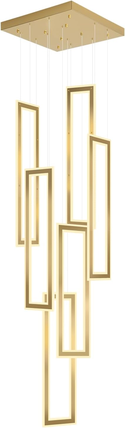 Modern Chandelier,6 Ring Led Foyer Chandeliers,Larger High Ceiling Chandelier for Living Room,Gold Rectangle Chandelier for Entryway Staircase LED Dimming 2700k-6000k
