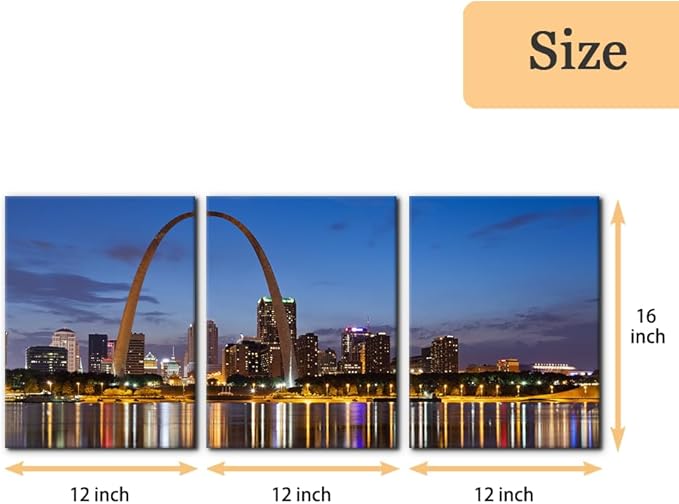 Pacimo Canvas Wall Art for Home Decor St. Louis Skyline Poster Wall Decor Gateway Arch at Sunset Canvas Prints Pictures Cityscape Modern Artwork Stretch and Framed Ready to Hang - 12"x16"x3 Panels