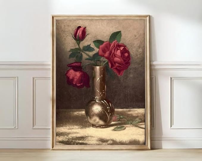 Nationcog Vintage Rose Wall Art Print - Red Roses in Vase Floral Artwork - Classic Still Life Flower Painting for Living Room, Bedroom, Cafe, Home Wall Decoration (Unframed) (27x40)